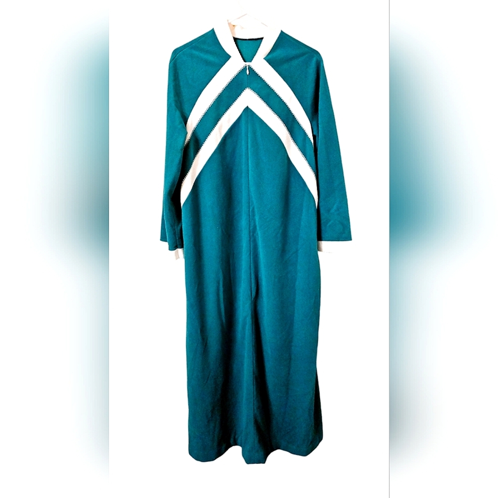 Vintage 70s Teal Zip Front House Robe Velour